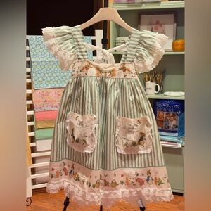 Green and White Striped Dress with Lace Details